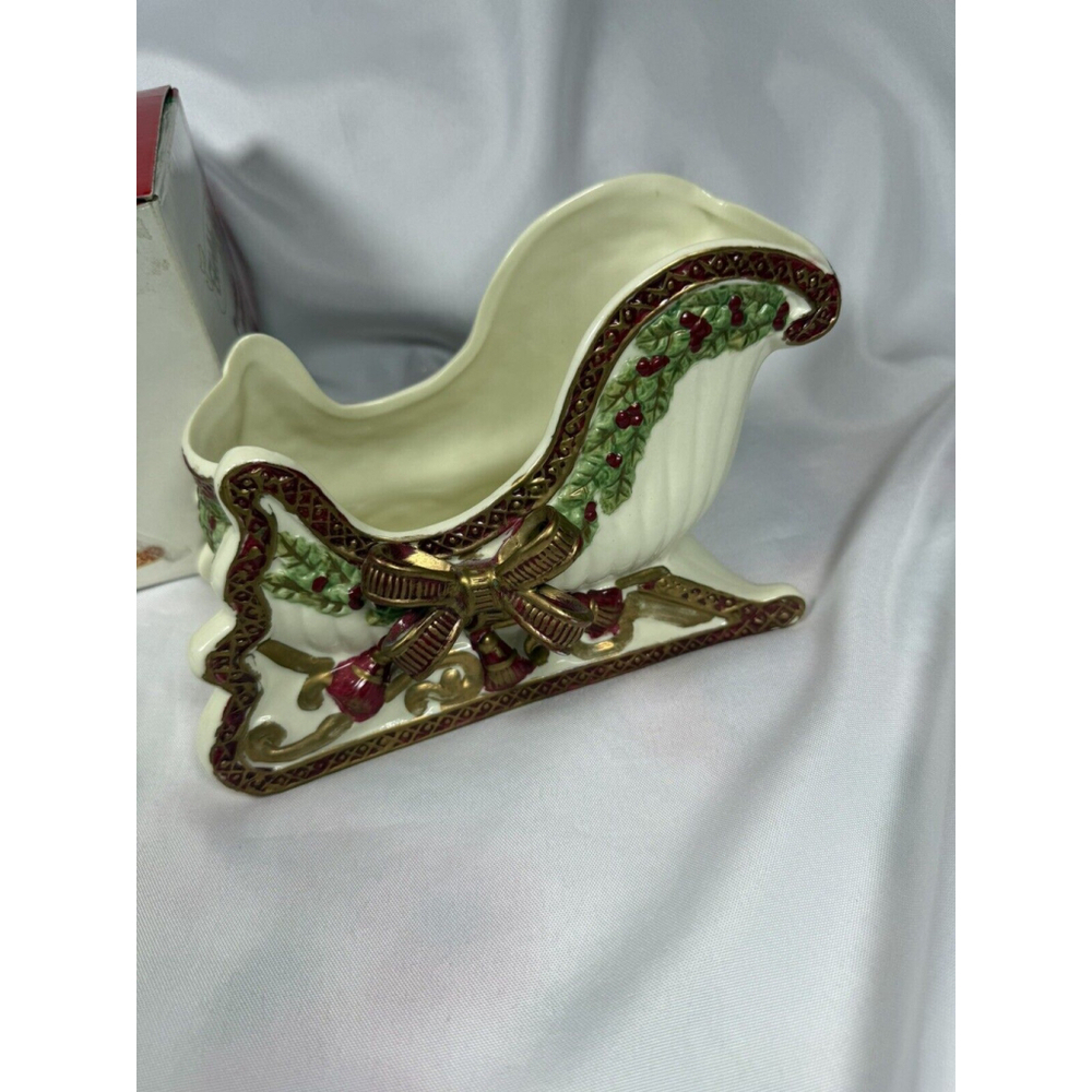 Holiday Style Porcelain Ribbon Collection Sleigh With Poinsettia EUC